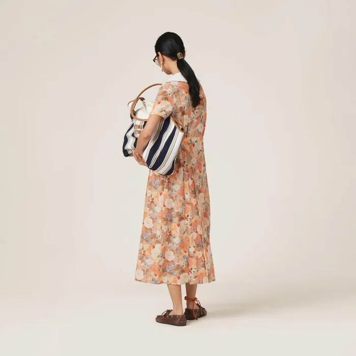 Women Dresses Miu Miu Floral Print Pleated Marocain Dress Peach Women Dresses Miu Miu Floral Print Pleated Marocain Dress Peach