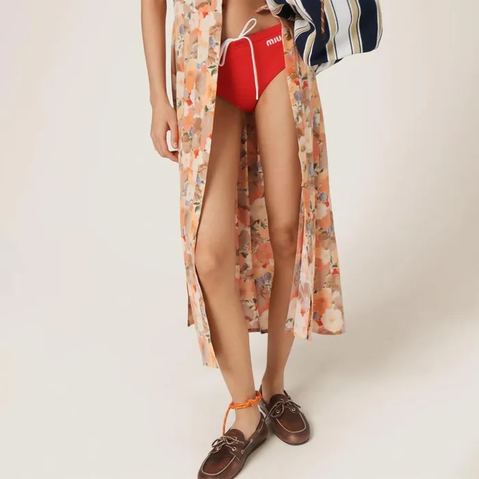 Women Dresses Miu Miu Floral Print Pleated Marocain Dress Peach Women Dresses Miu Miu Floral Print Pleated Marocain Dress Peach