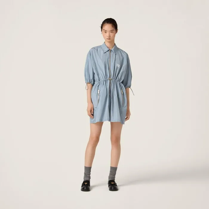 Women Dresses Miu Miu Technical Silk Minidress Astral Blue Women Dresses Miu Miu Technical Silk Minidress Astral Blue