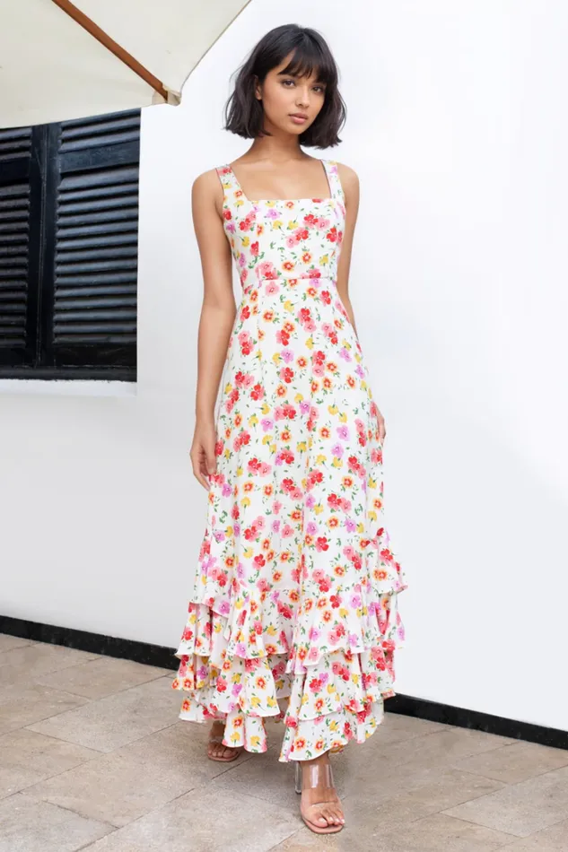 Women Dresses YUMI KIM Square Neckline Maxi Dress Ruffle Tier Skirt Dress Bright Future