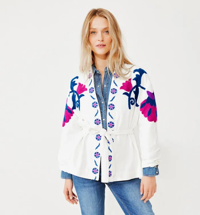 Women Embroidered Kimono Jacket 8211 Ecru Print Promod Jackets