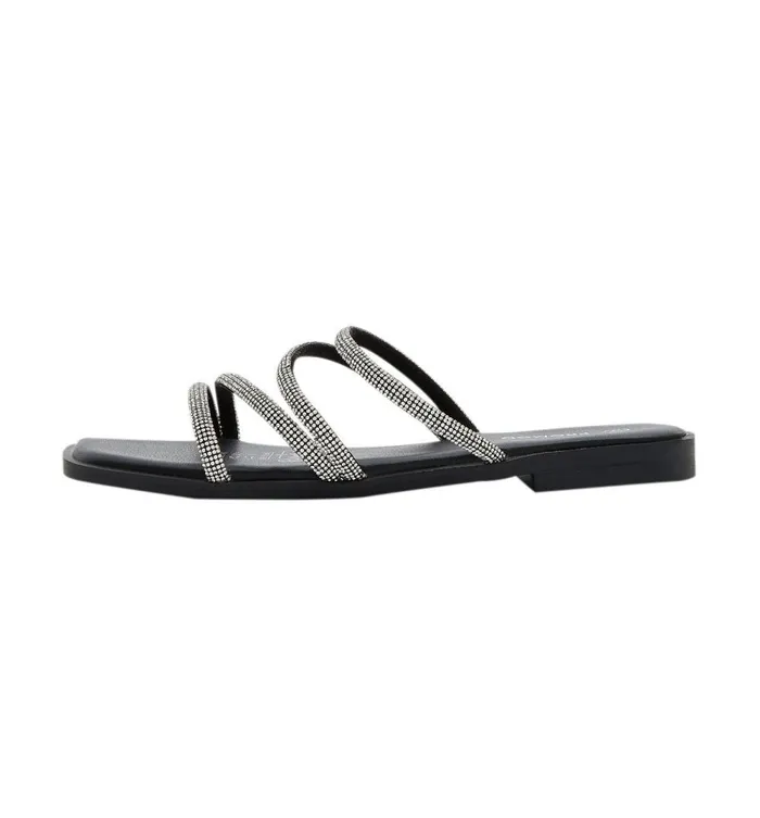 Women Flat Strass Mules 8211 Black Promod Shoes