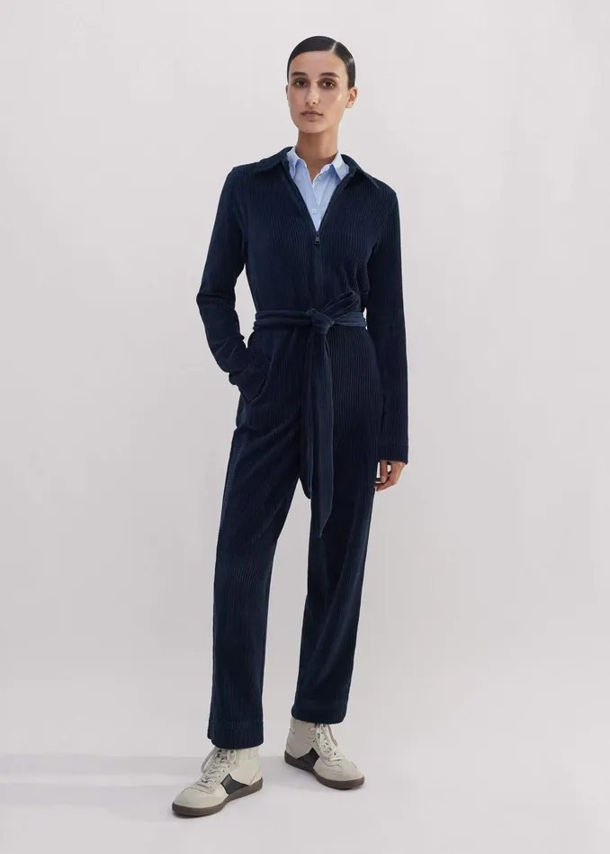 Women Fluid Cord Velour Jumpsuit Belt Navy MEEM