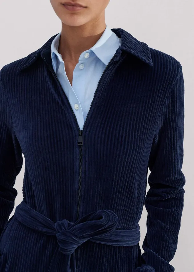 Women Fluid Cord Velour Jumpsuit Belt Navy MEEM