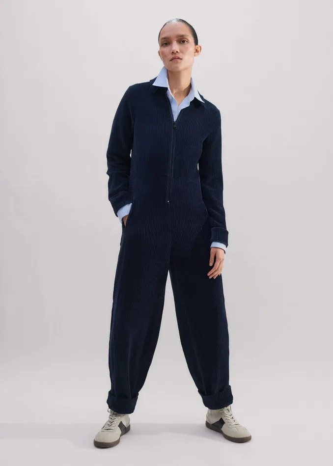 Women Fluid Cord Velour Jumpsuit Belt Navy MEEM