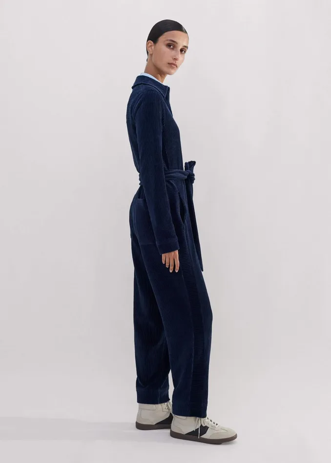 Women Fluid Cord Velour Jumpsuit Belt Navy MEEM