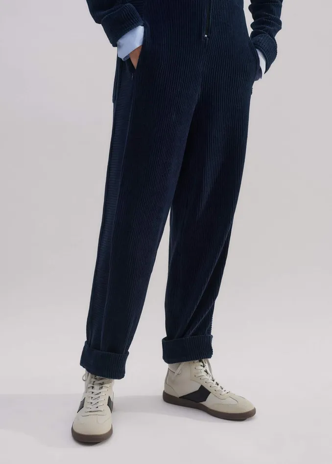 Women Fluid Cord Velour Jumpsuit Belt Navy MEEM