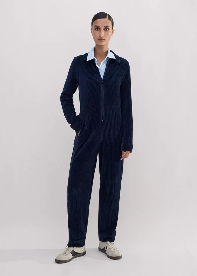 Women Fluid Cord Velour Jumpsuit Belt Navy MEEM