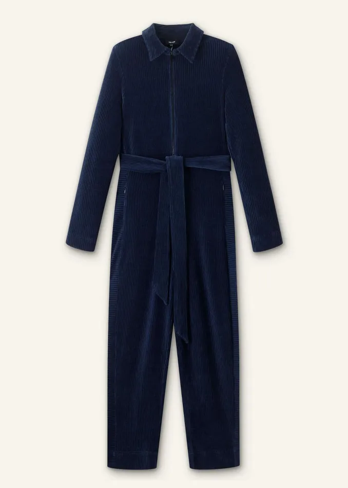 Women Fluid Cord Velour Jumpsuit Belt Navy MEEM