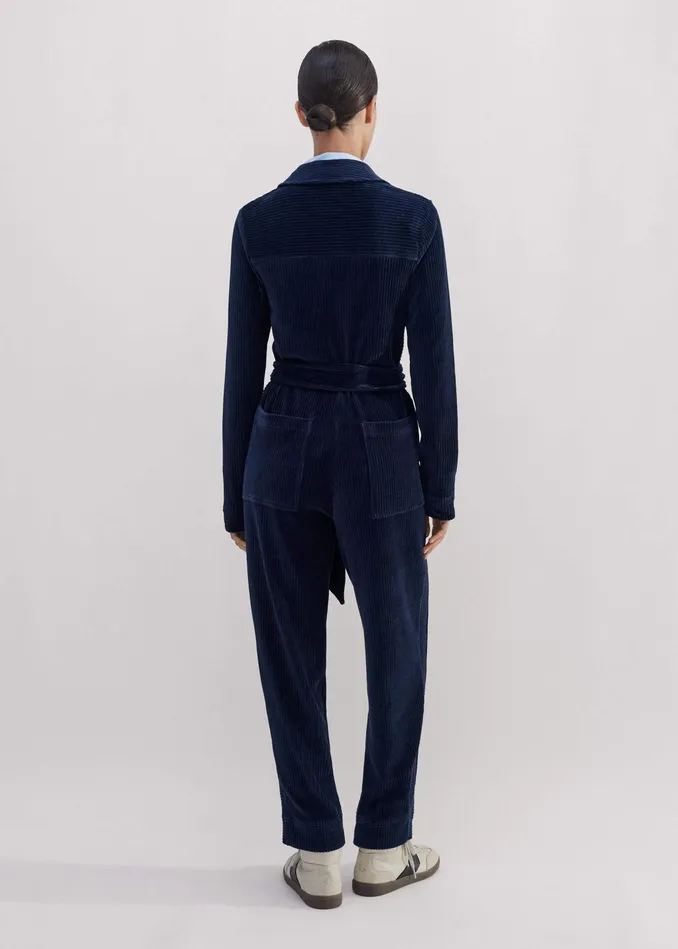 Women Fluid Cord Velour Jumpsuit Belt Navy MEEM
