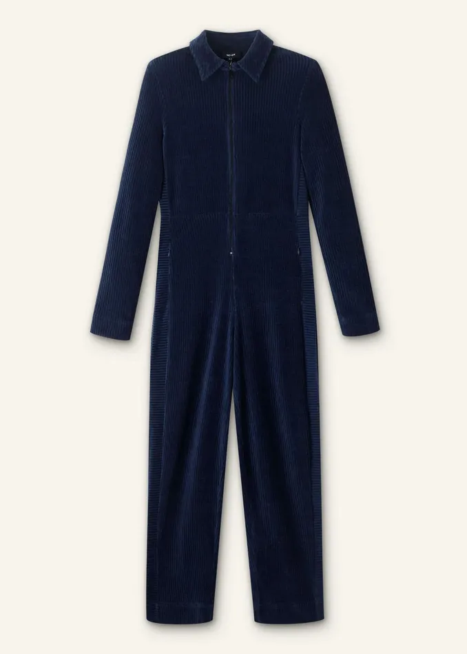 Women Fluid Cord Velour Jumpsuit Belt Navy MEEM