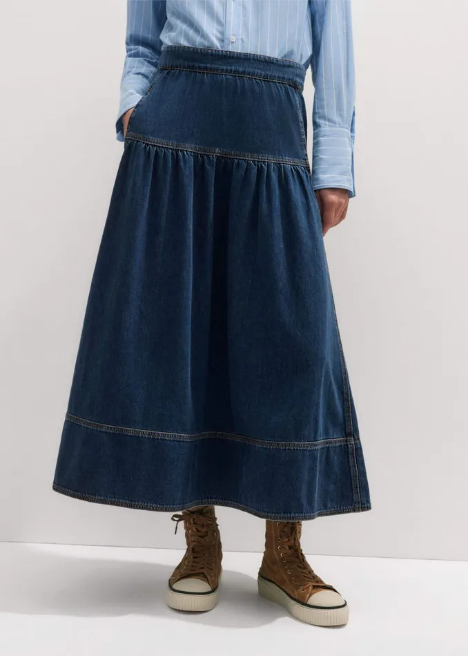 Women Gathered Denim Maxi Skirt Mid Blue Denim MEEM