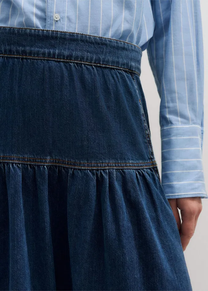 Women Gathered Denim Maxi Skirt Mid Blue Denim MEEM