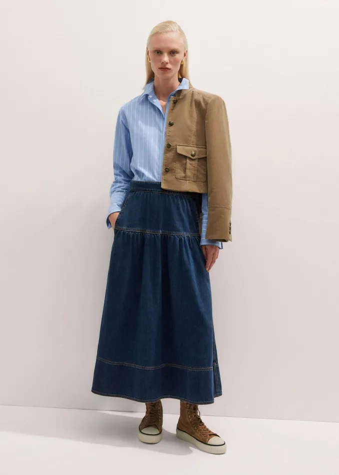 Women Gathered Denim Maxi Skirt Mid Blue Denim MEEM
