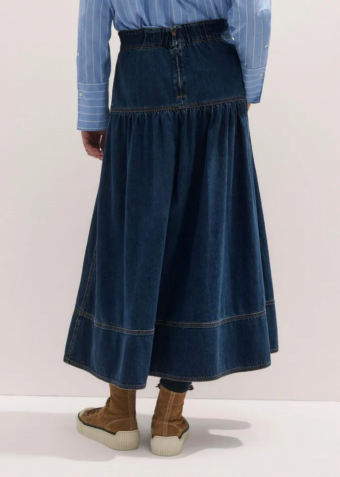 Women Gathered Denim Maxi Skirt Mid Blue Denim MEEM
