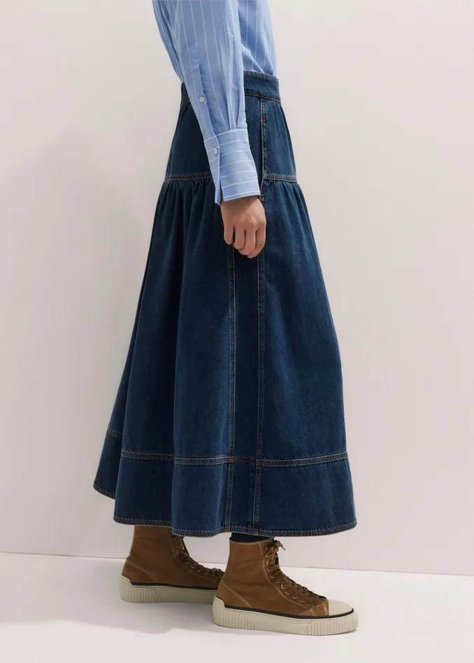 Women Gathered Denim Maxi Skirt Mid Blue Denim MEEM