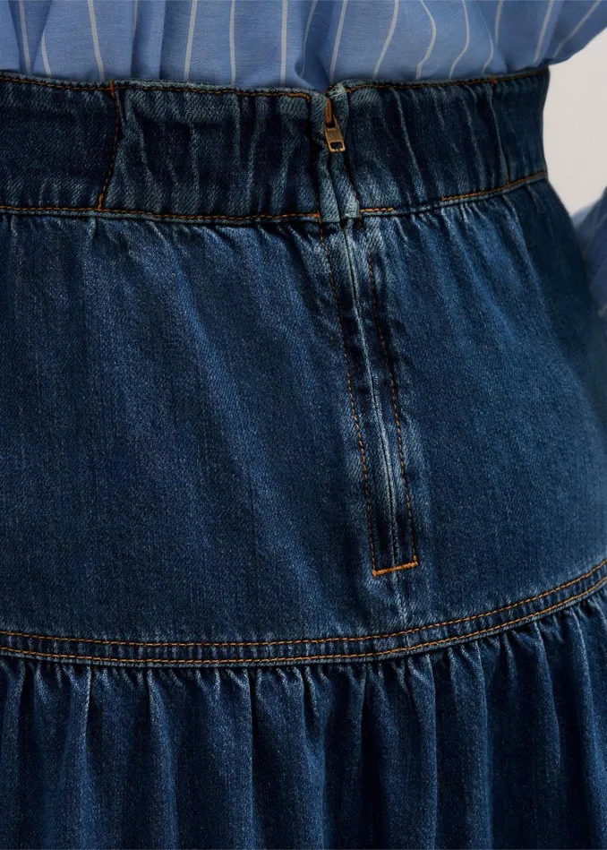 Women Gathered Denim Maxi Skirt Mid Blue Denim MEEM