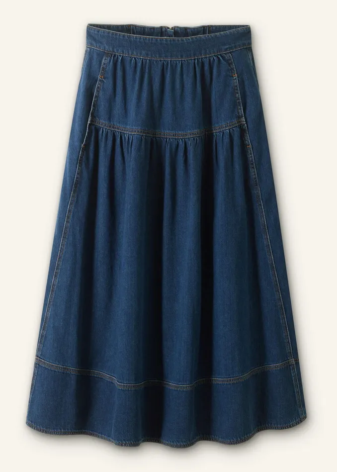 Women Gathered Denim Maxi Skirt Mid Blue Denim MEEM