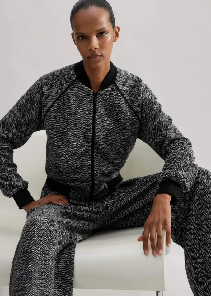 Women Herringbone Jacquard Jersey Bomber Blackwhite MEEM