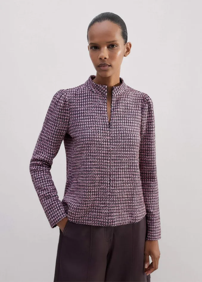 Women Houndstooth Tweed High Neck Top Pinknavyblack MEEM