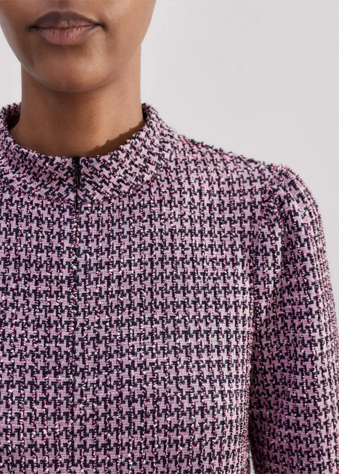 Women Houndstooth Tweed High Neck Top Pinknavyblack MEEM
