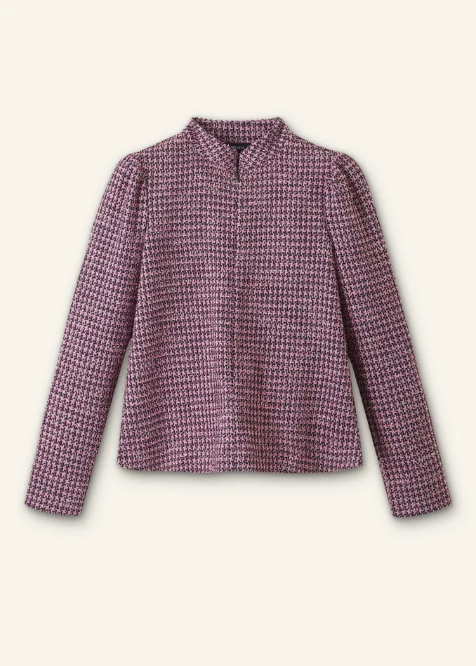 Women Houndstooth Tweed High Neck Top Pinknavyblack MEEM