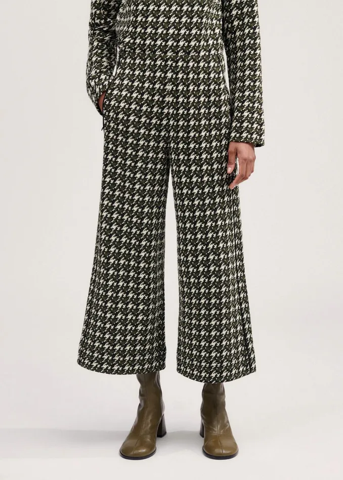 Women Houndstooth WideLeg Crop Pant Blackdeep Autumn Olivecream MEEM