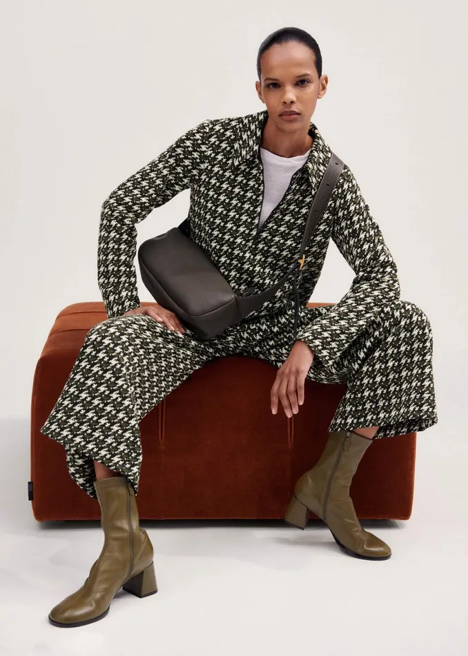 Women Houndstooth WideLeg Crop Pant Blackdeep Autumn Olivecream MEEM