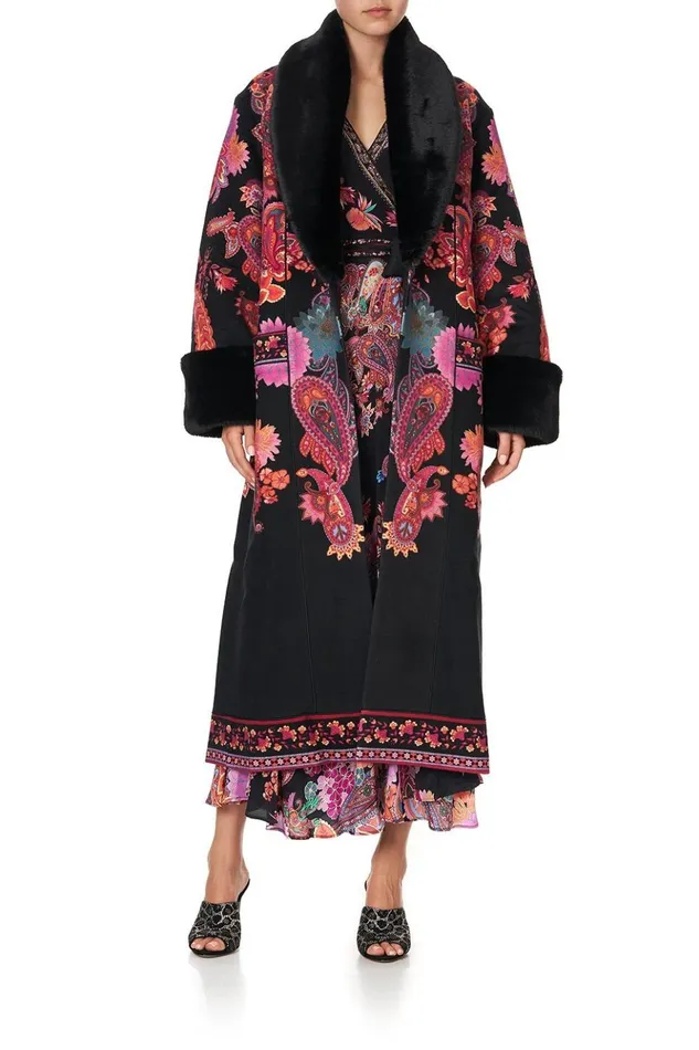 Women Jackets Camilla Coat With Faux Fur Trim And Belt Swinging Sixties