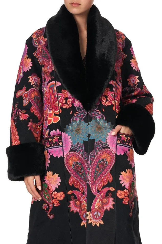 Women Jackets Camilla Coat With Faux Fur Trim And Belt Swinging Sixties