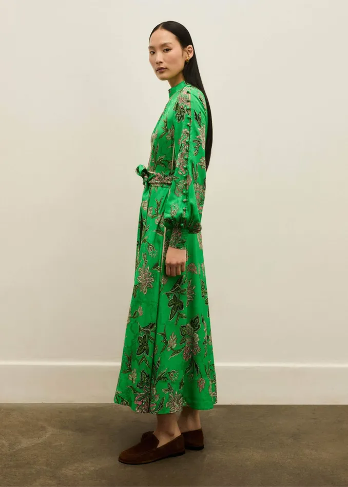 Women Jacquard Rich Floral Print Maxi Dress Tie Clover Greenpinkmulti MEEM
