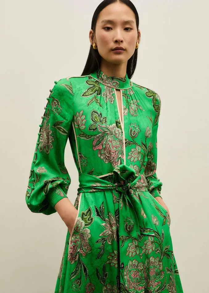 Women Jacquard Rich Floral Print Maxi Dress Tie Clover Greenpinkmulti MEEM