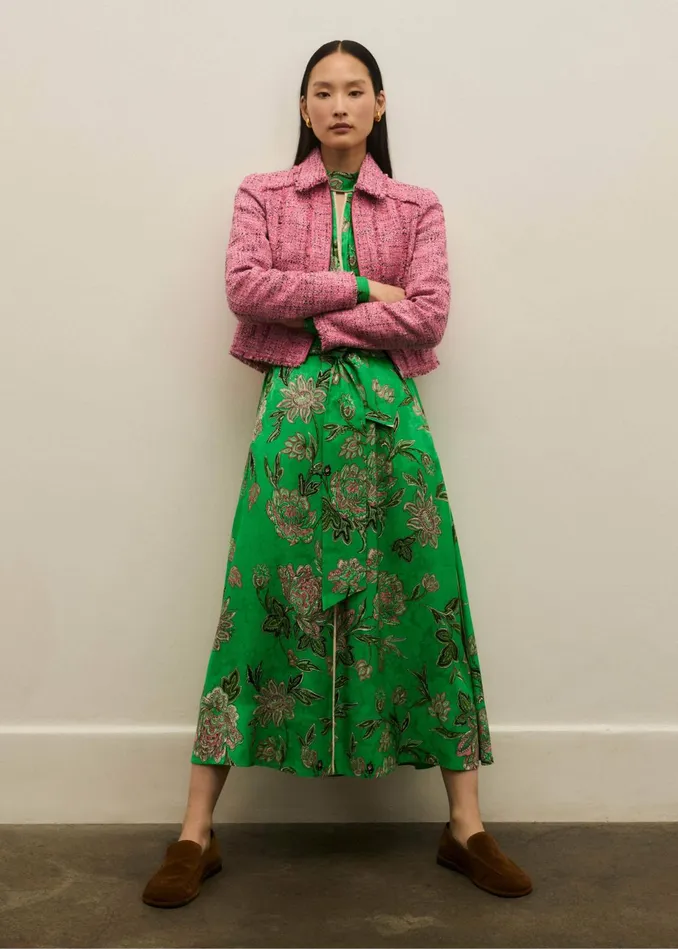 Women Jacquard Rich Floral Print Maxi Dress Tie Clover Greenpinkmulti MEEM