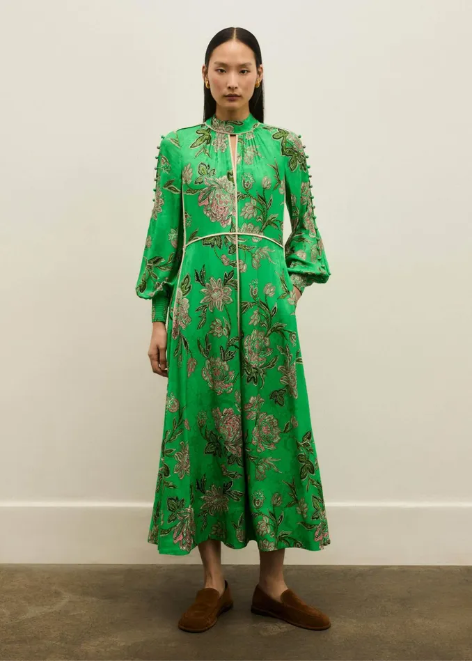 Women Jacquard Rich Floral Print Maxi Dress Tie Clover Greenpinkmulti MEEM