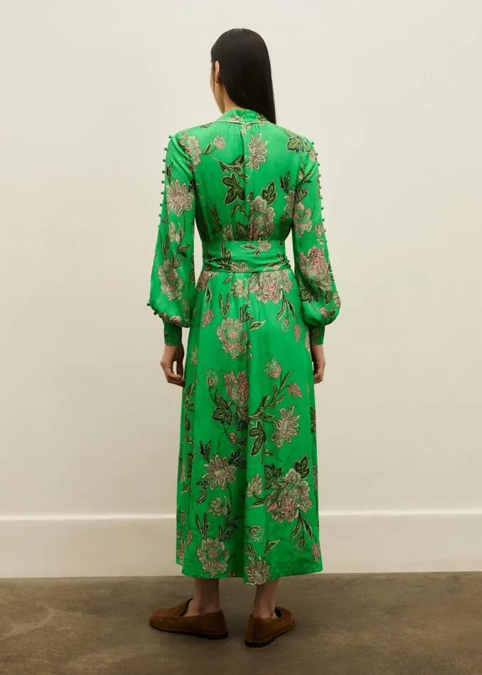 Women Jacquard Rich Floral Print Maxi Dress Tie Clover Greenpinkmulti MEEM