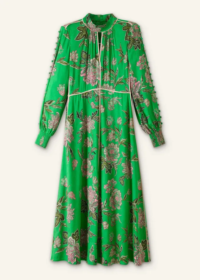 Women Jacquard Rich Floral Print Maxi Dress Tie Clover Greenpinkmulti MEEM