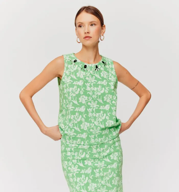 Women Jersey Jacquard Sleeveless Top 8211 Green Print Promod Tops