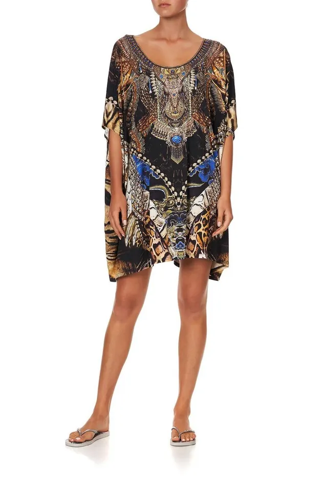 Women Kaftans and Coverups Camilla Short Round Neck Lounge Kaftan Dragon Lady