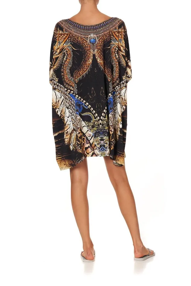 Women Kaftans and Coverups Camilla Short Round Neck Lounge Kaftan Dragon Lady