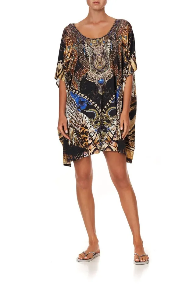 Women Kaftans and Coverups Camilla Short Round Neck Lounge Kaftan Dragon Lady