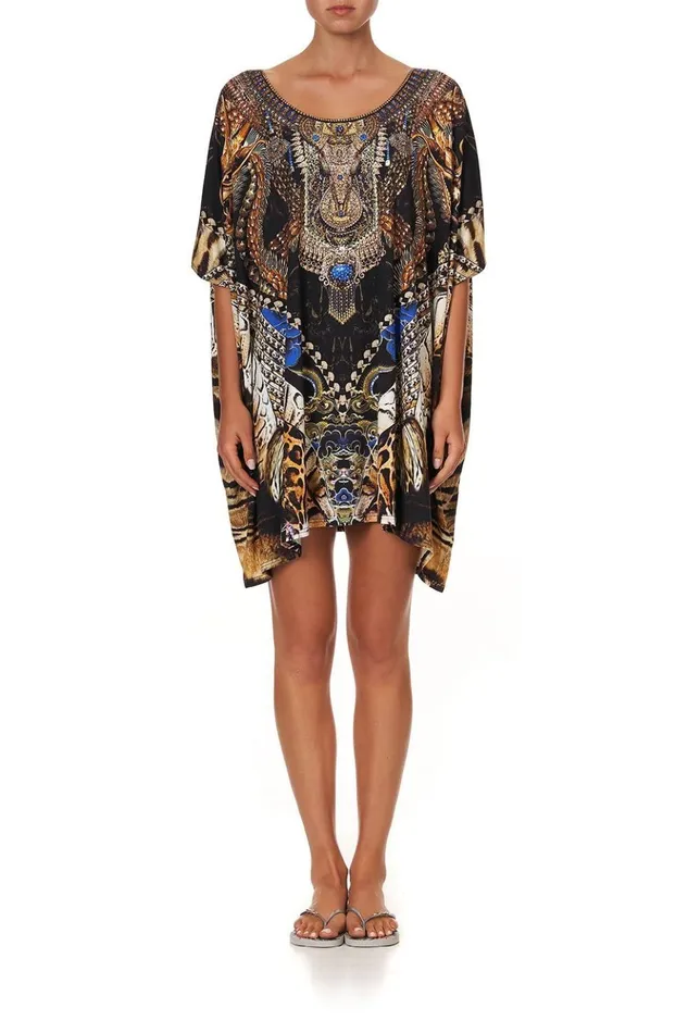 Women Kaftans and Coverups Camilla Short Round Neck Lounge Kaftan Dragon Lady