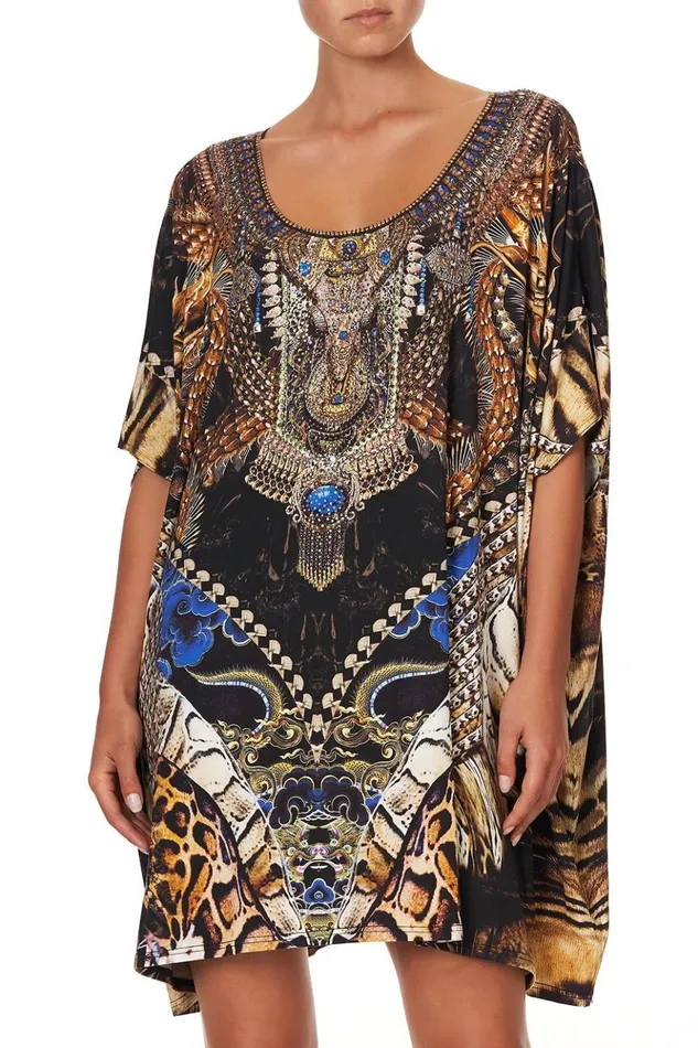 Women Kaftans and Coverups Camilla Short Round Neck Lounge Kaftan Dragon Lady