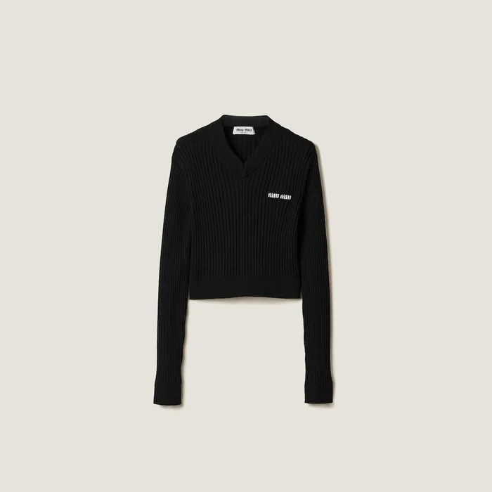 Women Knitwear Miu Miu Cropped Wool Sweater Black