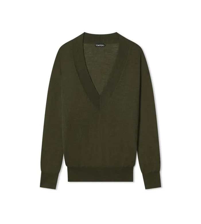 Women Knitwear Tom Ford Fine Cashmere Silk VNeck Sweater Military Green