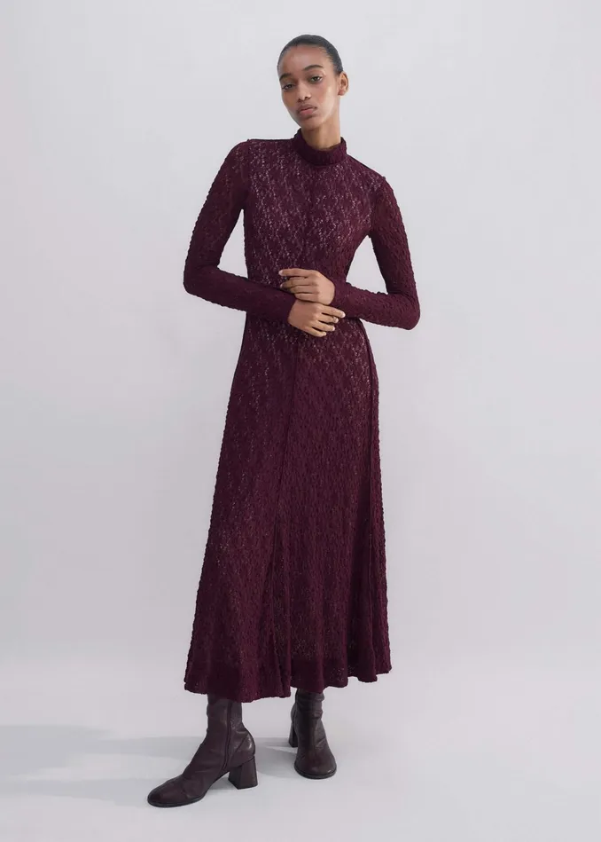 Women Lace Jersey Long Sleeve Maxi Dress Deep Merlot MEEM
