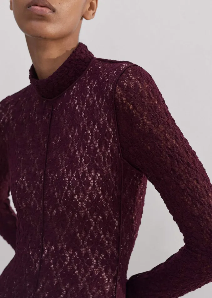 Women Lace Jersey Long Sleeve Maxi Dress Deep Merlot MEEM