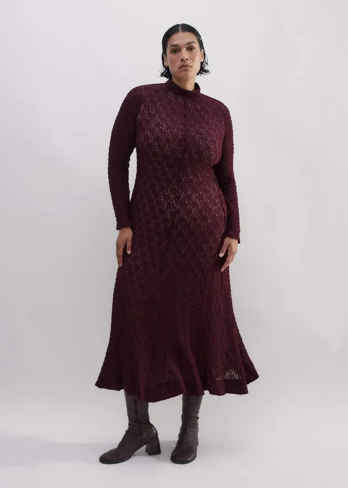 Women Lace Jersey Long Sleeve Maxi Dress Deep Merlot MEEM