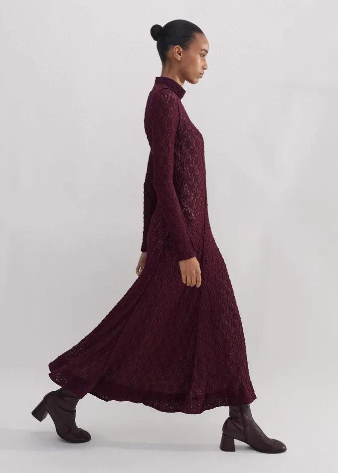 Women Lace Jersey Long Sleeve Maxi Dress Deep Merlot MEEM