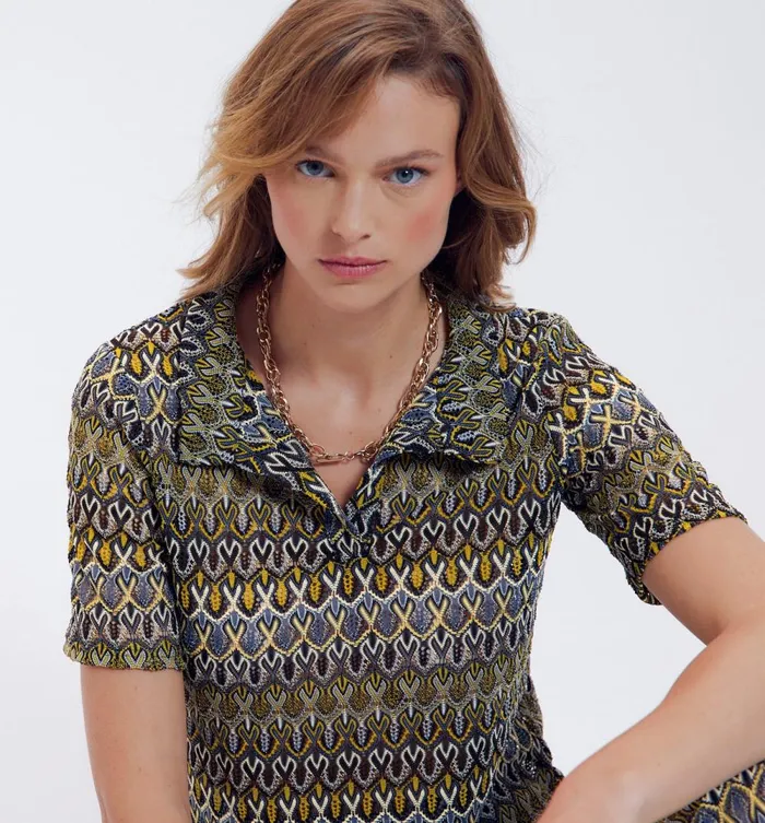 Women Lace Knit Polo Top 8211 Multicolour Print Promod Tops
