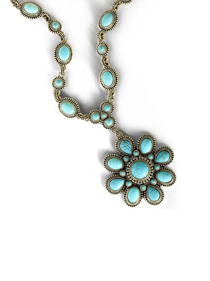 Women Large Turquoise Stone Flower Necklace In Gold Jessica Simpson Turquoise Collection